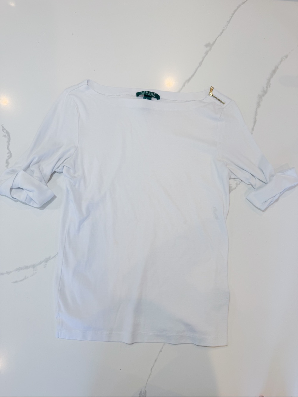 Ralph Lauren White Boatneck Short Sleeve Top with Gold Shoulder Zipper - Picture 1 of 4